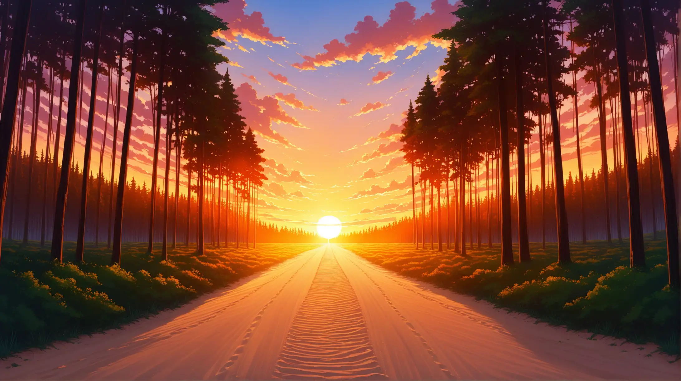 a sand road leads to sunset in the forest, madhouse studio