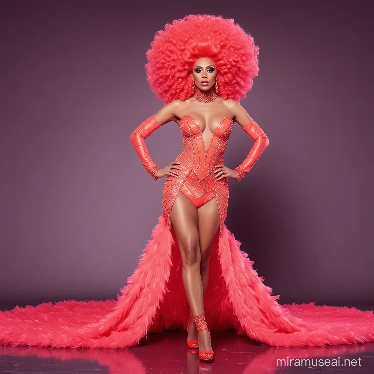 a full body image of a skinny brazilian neon drag queen walking on the Rupaul's Drag race runway wearing an outfit inspired by the prompt: red carpet couture 