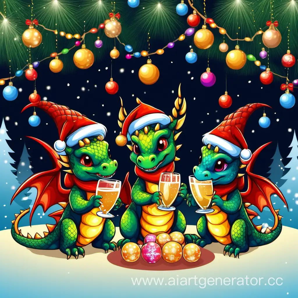 Три сказочных милых дракончика пьют шампанское под елкой
