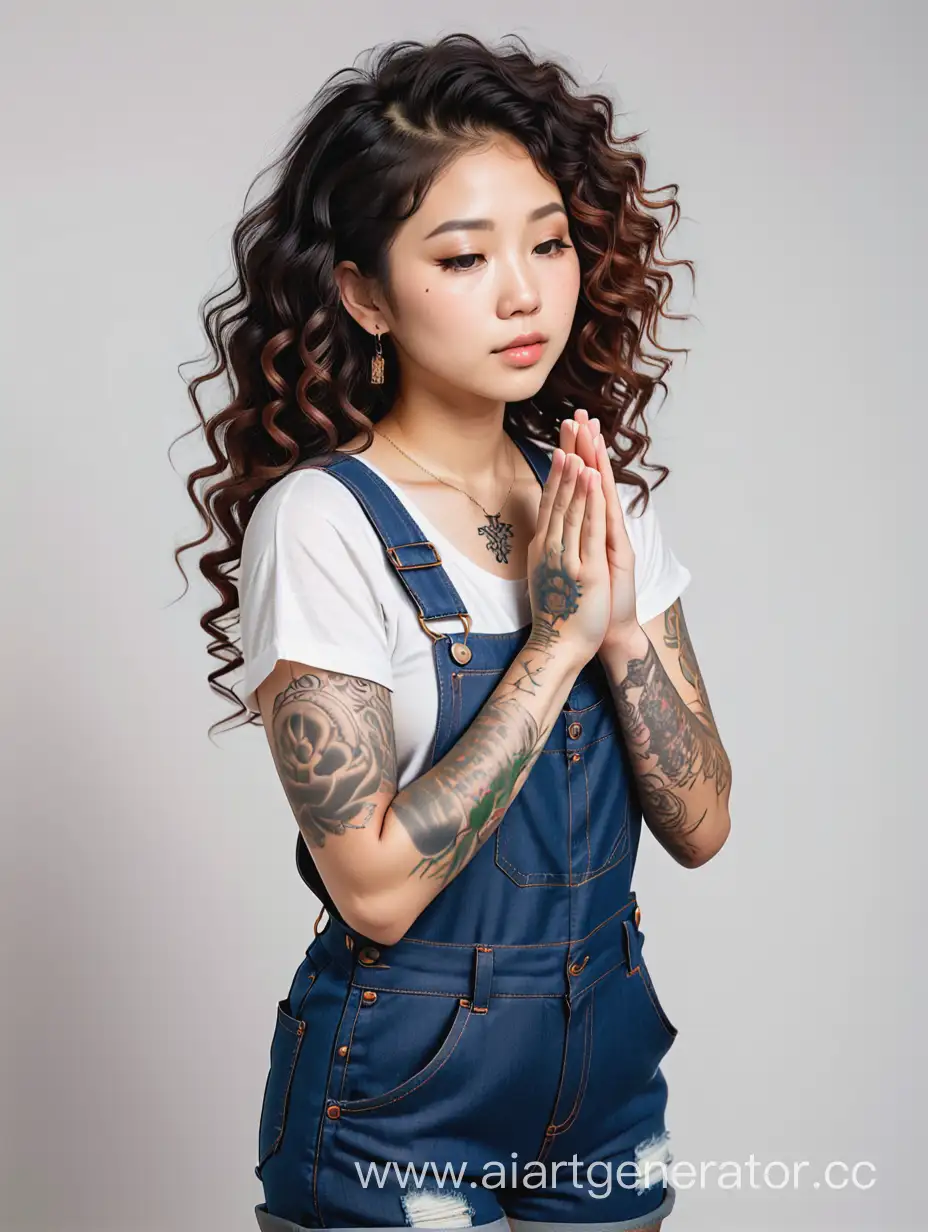 asain female with curly hair and tattoos with overalls with  praying hands
