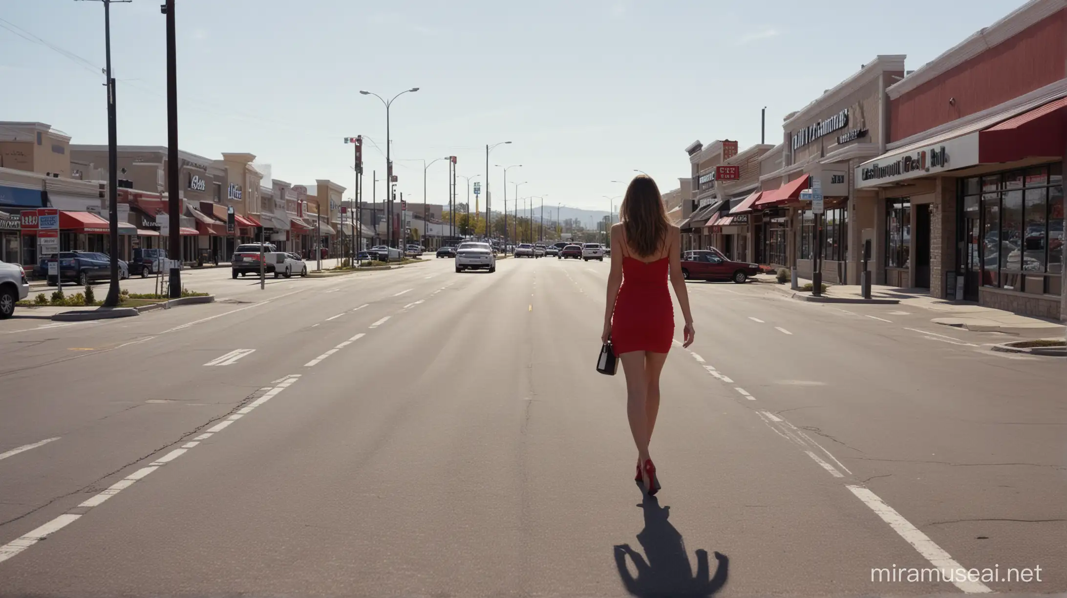 woman in sexy red dress, frontal, walking at sidewalk at deserted American multi-lane suburban wide road, (stroad) lined with various strip malls, chain brands, parking lots, car dealers and big-lot retailers on either side 