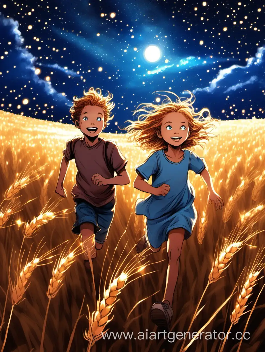 Брат и сестра бегают и играют на пшеничном  поле ночью. У них светло-каштановые чуть кудрявые волосы и небесно-голубые глаза. Мальчику лет 10, а девочке лет 7. Это глубокая ночь, на небе сияют крупные звезды, а за детьми светящимися дорожками взлетают светлячки.