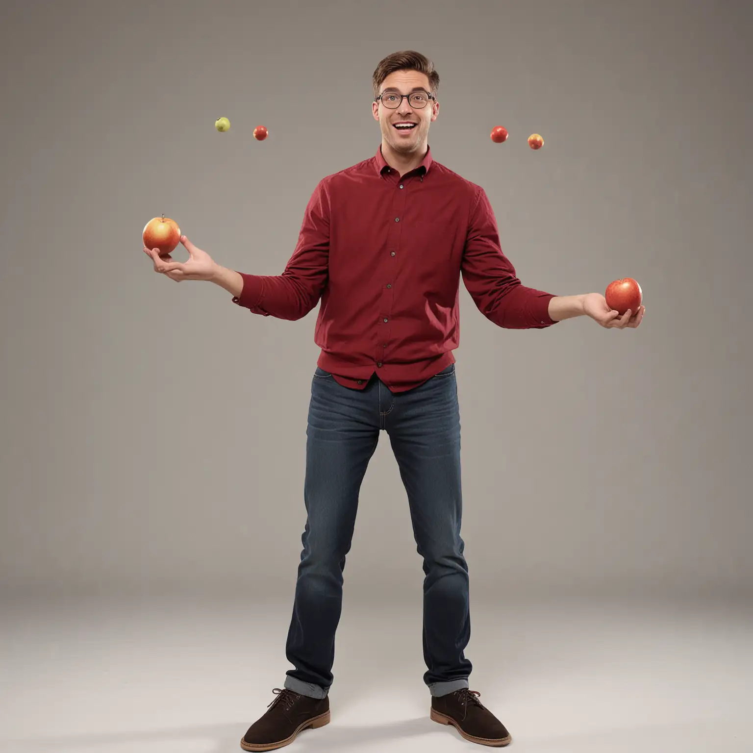 Visuals: Host attempting to juggle apples and dropping them comically