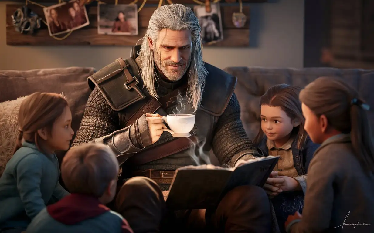 Geralt sits on the couch, drinking hot tea, smiling, telling a story. Granddaughters and grandsons sit nearby, listening to Geralt's tale.