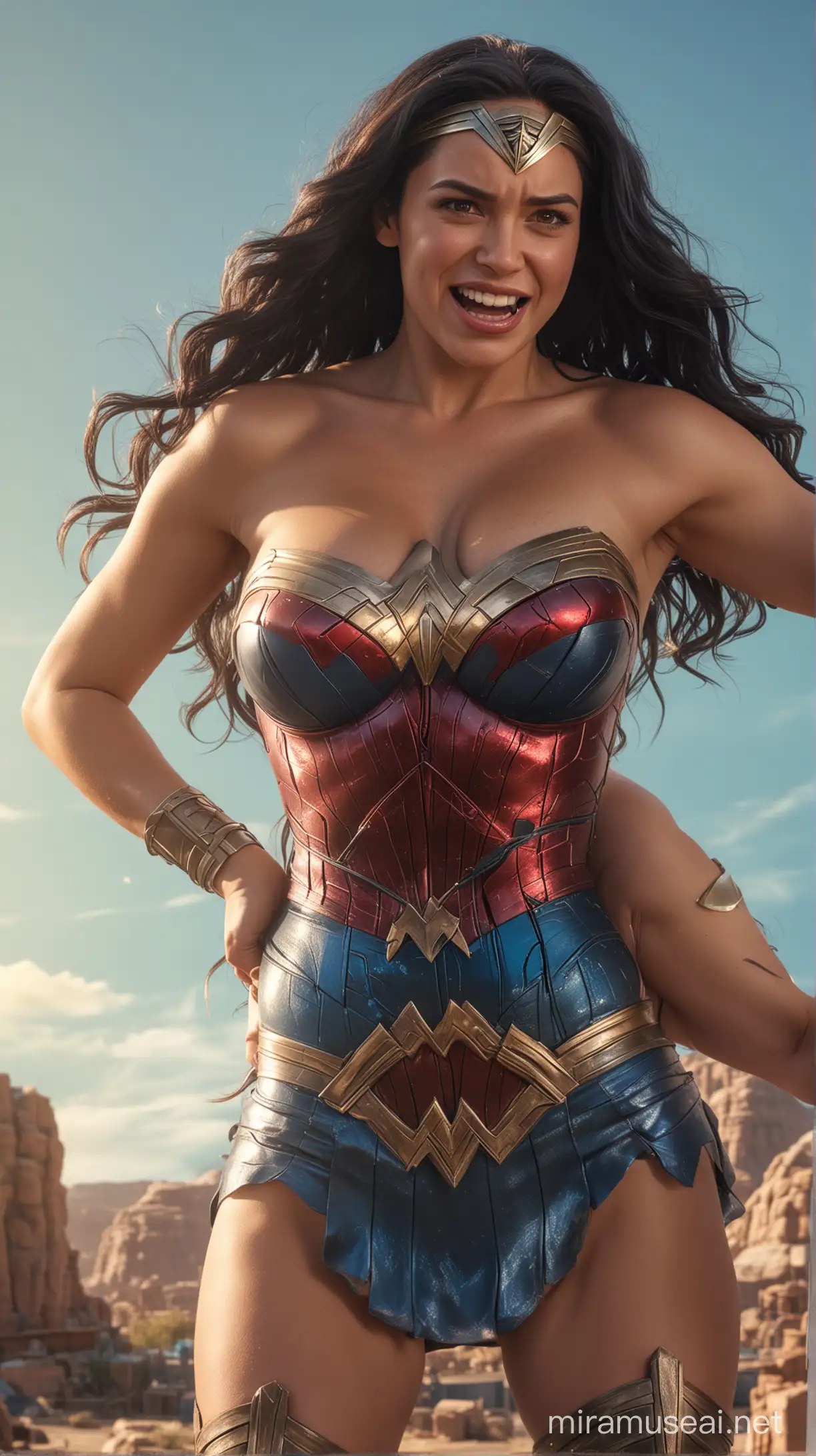 Hulk (smirking) hugging Wonder Woman (dressless, big breast, crying, open mouth) from behind, both looking at the camera, front view, large dessert in the background, hot sun shining, dazzling blue sky, super realistic photography, aggressive, cinematic