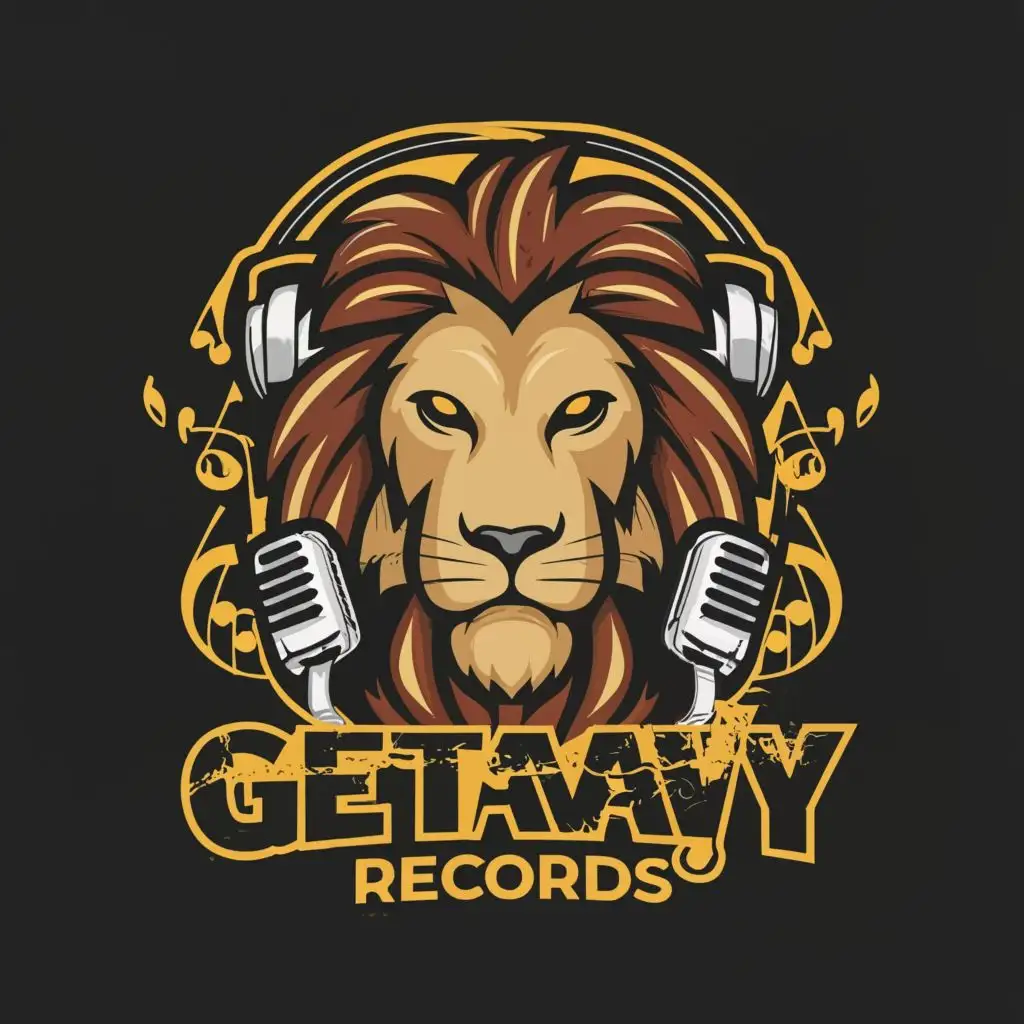 logo, Lion, Microphone, music symbol around the lion, with the text "GetAway Records", typography, be used in Entertainment industry