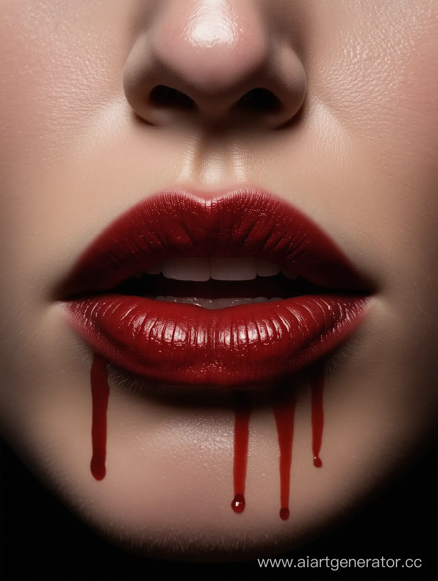 губы вампирши, потеки крови, черный фон