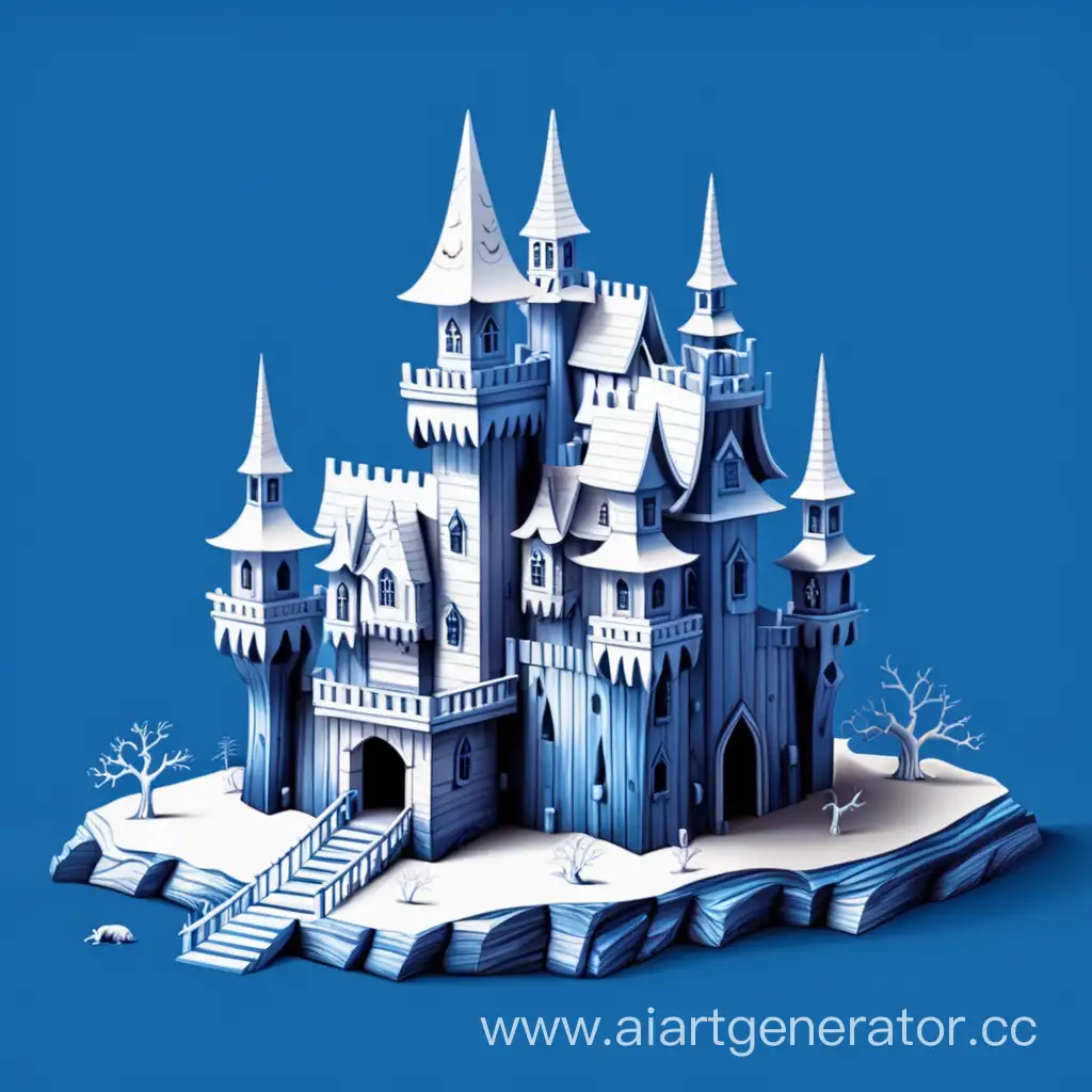 simple vector of a 3D bright blood clip art horror Halloween old wood Castle. white background. made of bright blue white wood color.