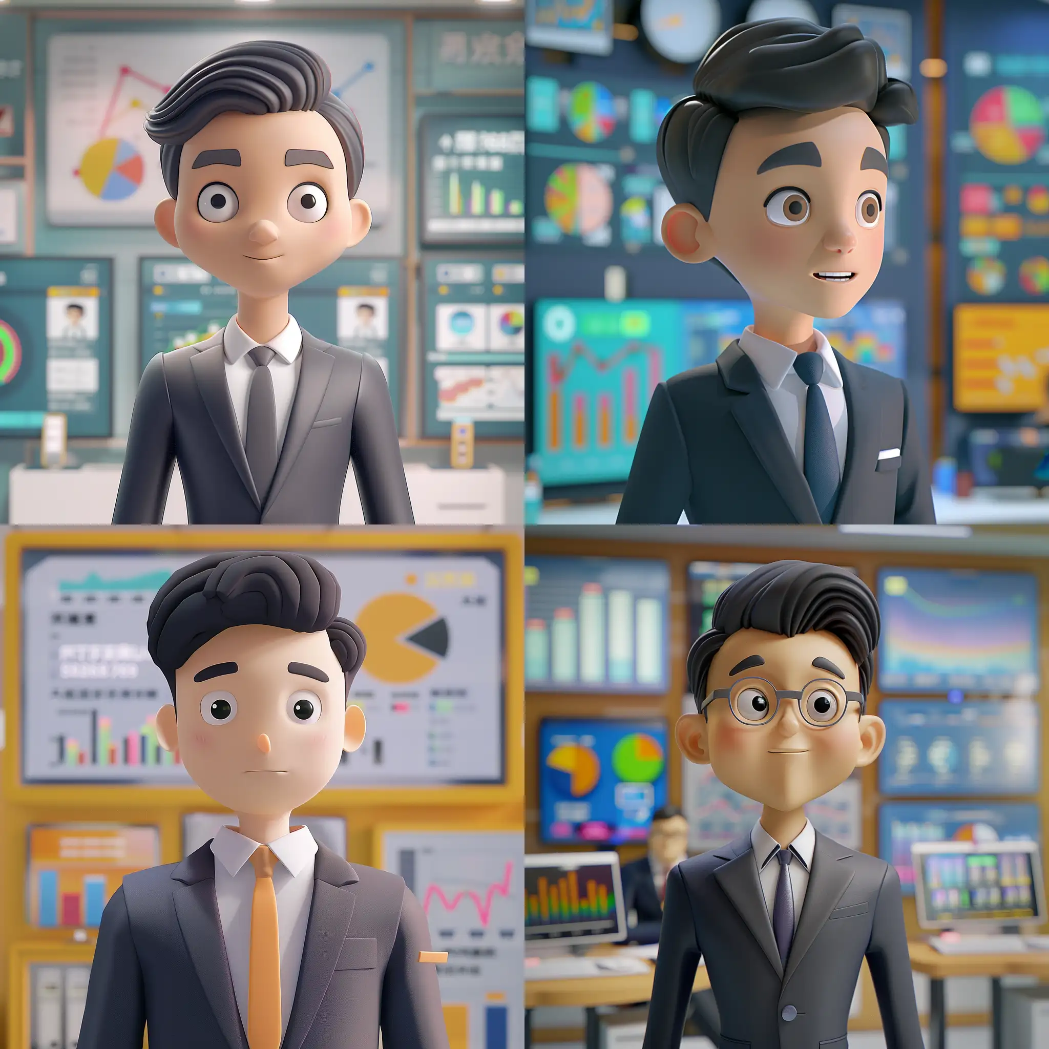 Create a 3D animated character of a sales expert, skillfully negotiating and closing deals in a dynamic office space in Hong Kong, adopting the artistic style and character proportions. The character should have a confident and persuasive expression, dressed in professional business attire. The setting should include interactive displays and sales performance charts. Utilize a color palette focusing on hues close to #2563eb to complement the professional and energetic mood of the sales environment.

