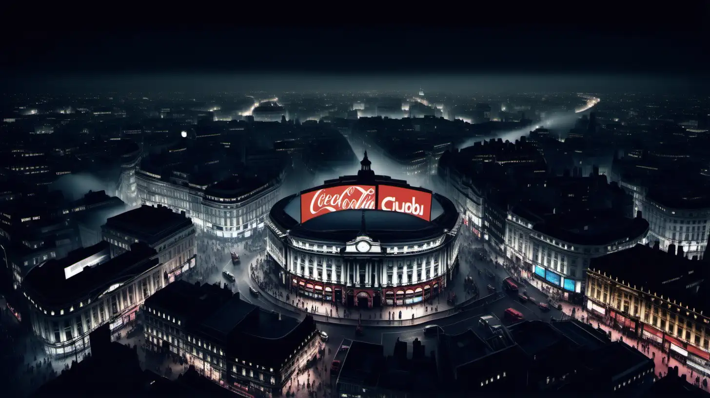 Create a  cinematic image aerial view of Piccadilly Circus  London on dark night, bright lights of the city twinkle  like diamonds, on black velvet,  on a foggy starry moonlit night, 4k resolution, photorealistic. dystopian. 