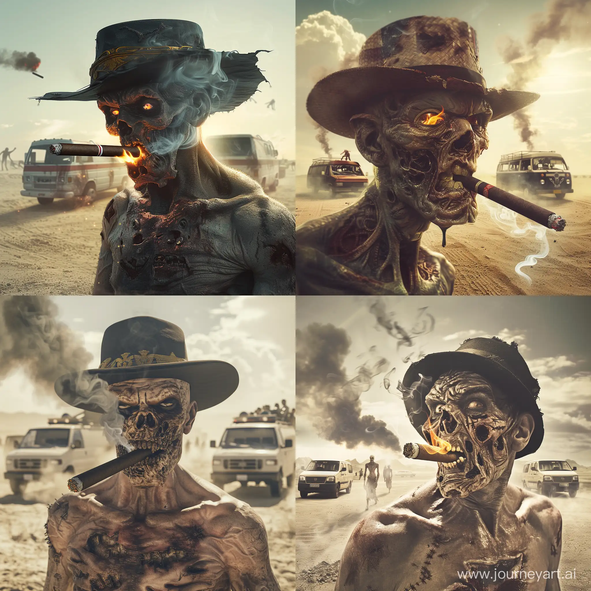 Post-apocalyptic desert, a Zombie with a powerful bulky body, something burning in its mouth – must be a zombie Montecristo cigar. He took a drag and emerged into the light, now revealing his scar-covered face, black smoking, and a hilarious Spanish hat. Behind him, two vans with zombie drivers were visible. A shockwave of freezing cold follows the shot. --v 6 --ar 1:1 --no 79105