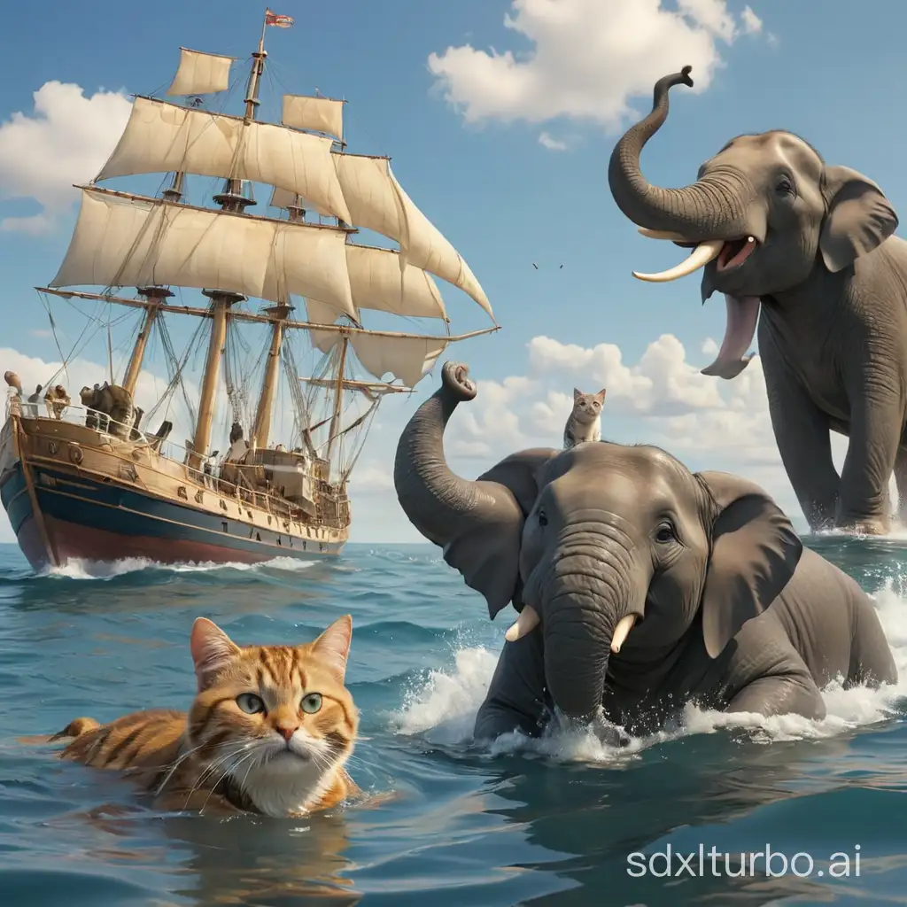 A dog swiming in sea with Cat and elephant with a ship sailing behind
