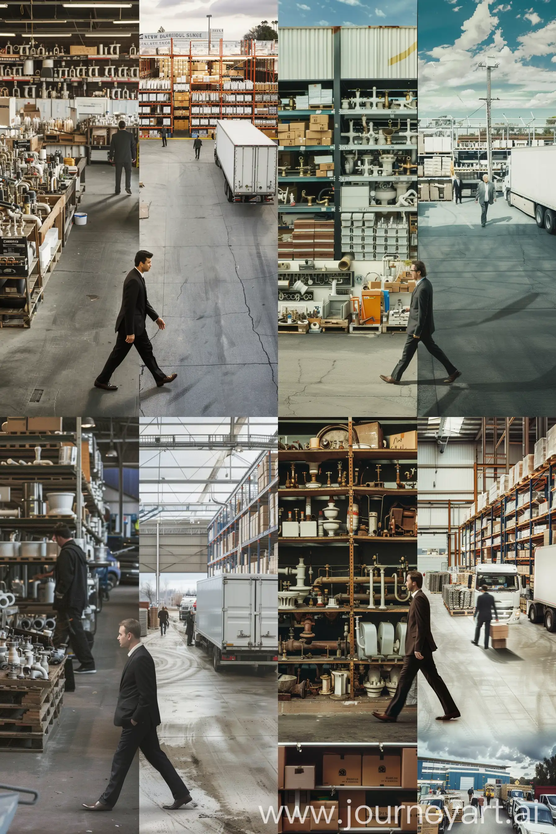 The image is divided into two parts vertically. A one man in a suit is walking from left to right on center, crossing this border. On the left, a flea market is shown where sellers are selling old plumbing. On the right is a warehouse with a view from inside the building, an automated new white plumbing warehouse inside, surrounded by shelves, where all the new plumbing goods are neatly arranged, the floor is clean, and a truck is unloading to the warehouse where employees are carrying boxes --ar 4:6 --v 6