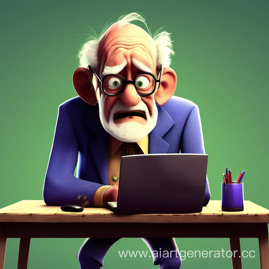 a pixar style old man trying to figure out how to use a computer in a funny way