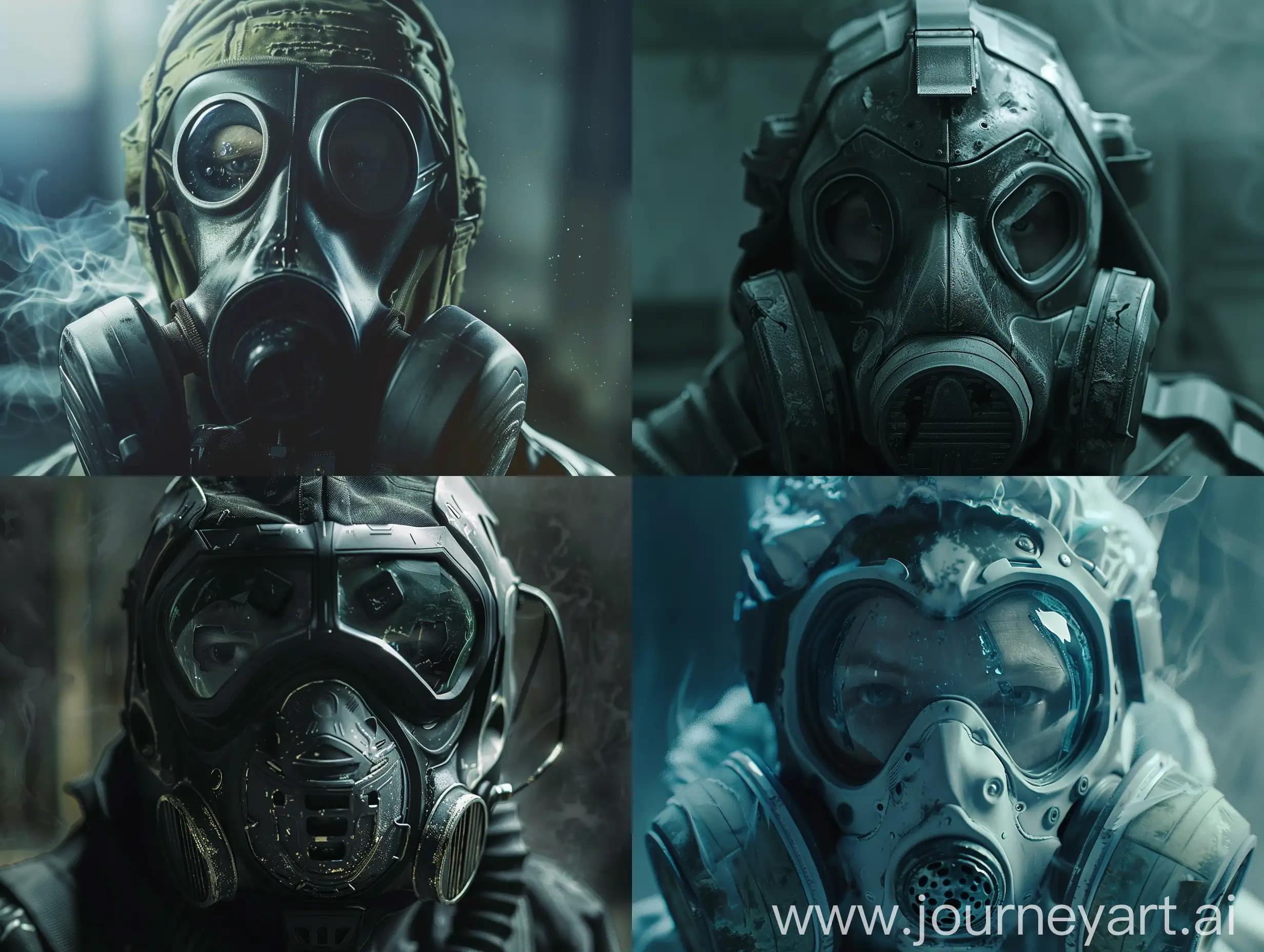 A picture of a stalker's face wearing a futuristic gas mask. Chernobyl. Cinematic. Epic. Close up. Obscure atmosphere