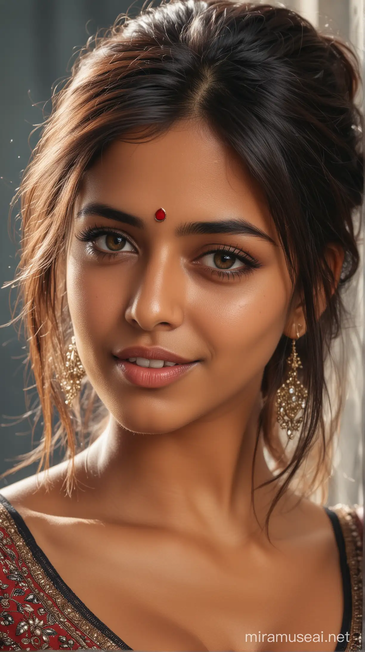 amazingly Beautiful indian woman, full beautiful fit body, 8k resolution, large breasts, professional shooting, realistic skin, realistic hair,hdr, ((intricate details, hyperdetailed)), cinematic shot, shy smile, best quality, perfect face, perfect eyes, best quality, (depth of field:1. 5), (realistic details:1. 3), both eyes are the same, perfect face, hd, 2k, 4k ,
