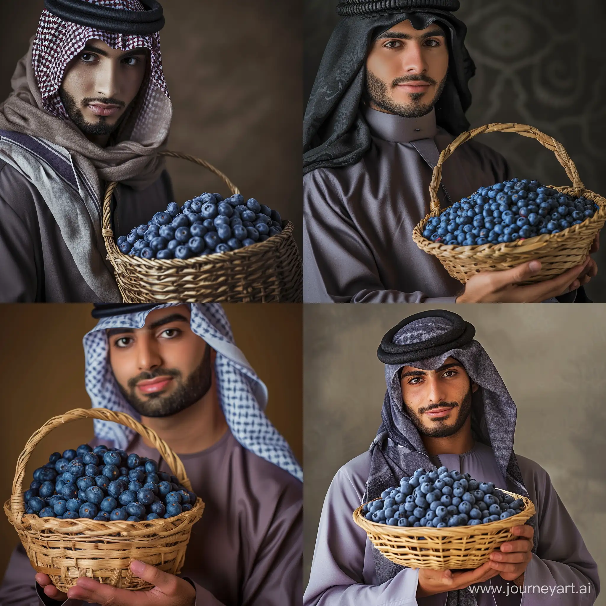 Real and natural photo of a man in Arabic dress holding a basket of blueberries. Full details of a basket of blueberries and a young man's face. The blueberry basket is in the middle of the picture.