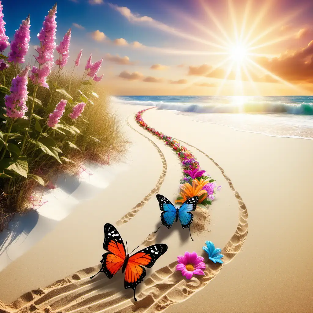 butterfly trail in the sand with sun rays and beautiful flowers muliti colored sky crashing waves