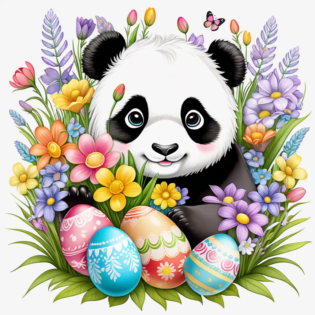Elaborare Colored page Illustrate a beautiful and cute baby panda head with flowers on hid head surrounded by a bouquet made of  very colorful Easter eggs and a garden bursting with spring flowers 