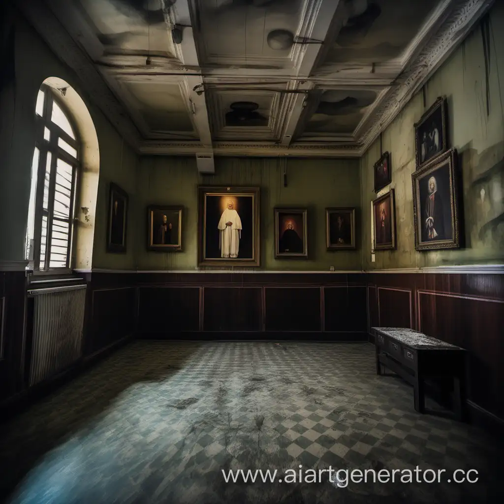 the gloomy room of the hospital, where there are paintings with terrifying paintings of Priests