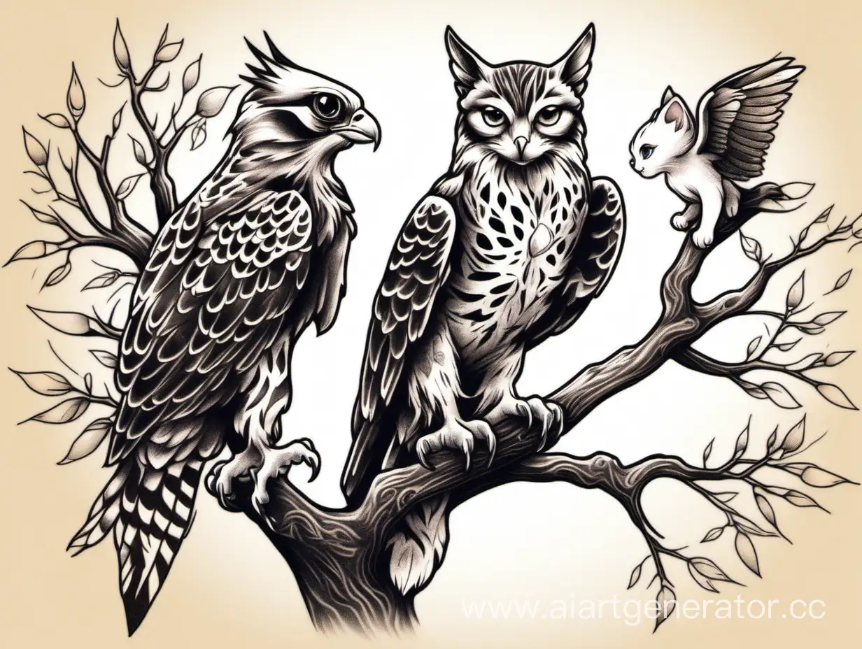 Falcon-and-Kitten-Tattoo-Design-Perched-in-a-Tree