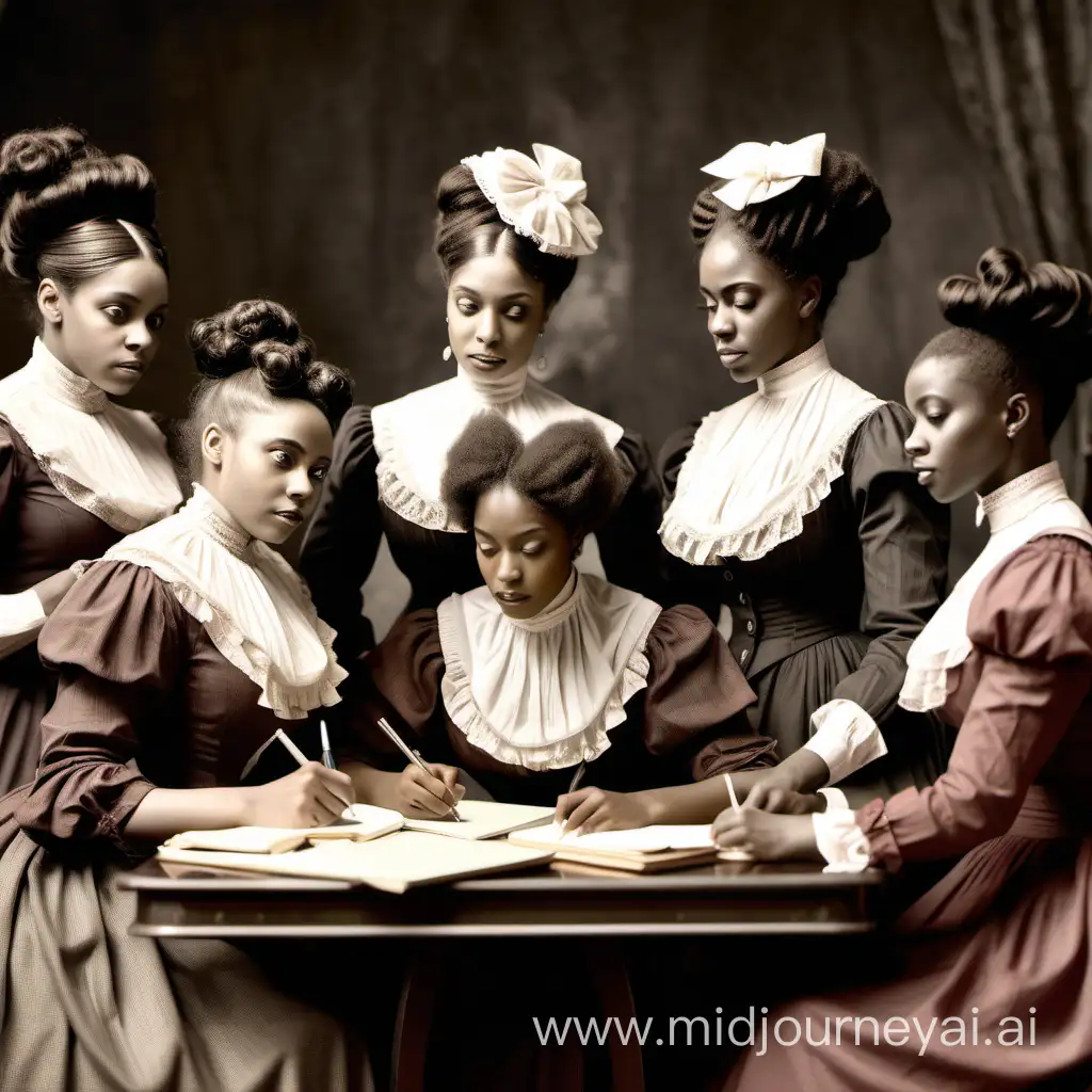 Hyper realistic image of an energetic and engaged group of African American women wearing modest Victorian clothing and Victorian hair styles in the early 1900s sitting around a table and writing notes about starting a new organization 