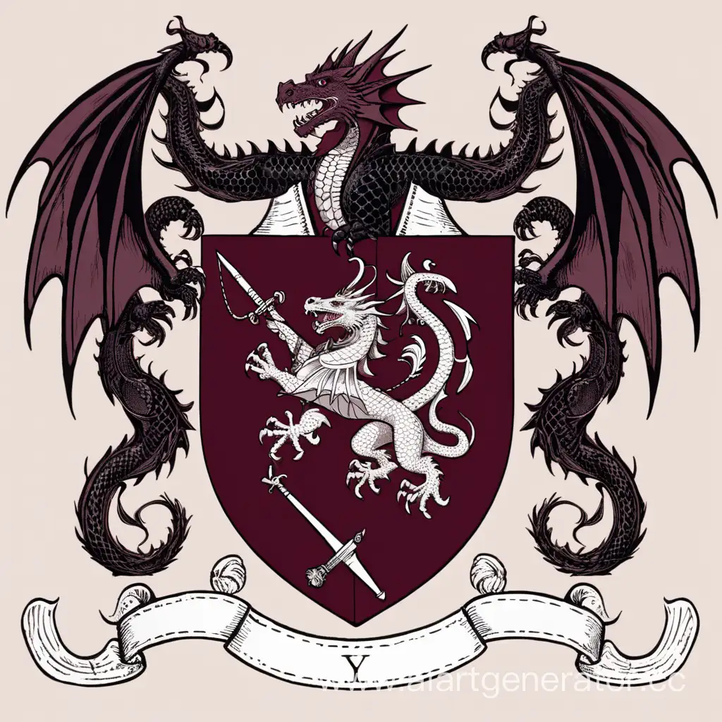 /img нарисуй герб с названием "The Mighty Empire" в бордово-черных оттенках, которые держат драконы 