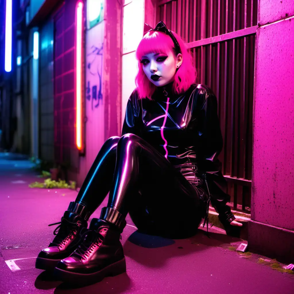 Goth girl. Latex. Pink Neon lights. Sitting. Alleyway. Tokyo.