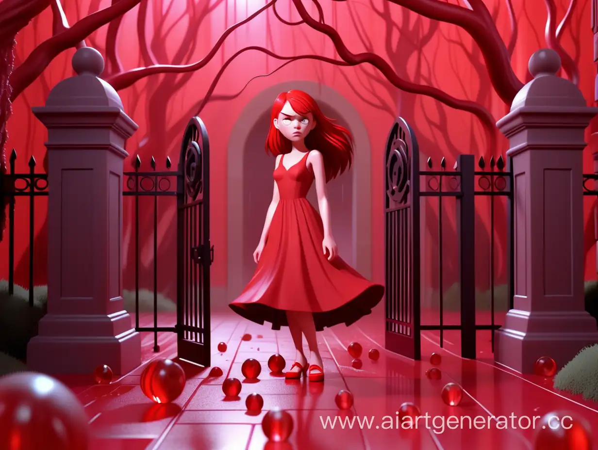 На красном фоне девочка с красными волосами красным платьем и красными туфлями стоит под воротами а на неё льётся красный дождь из красных кристальных шариков которые лежат на полу с красными гневными деревьями
 3д анимация