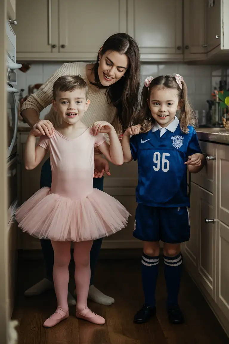 Gender role-reversal, Photograph of a mother dressing her young son, a boy age 8, up in a pink ballerina dress and tights, and she is dressing her young daughter, a girl age 9, up in a blue football uniform, in a kitchen for fun on a rainy day, adorable, perfect children faces, perfect faces, clear faces, perfect eyes, perfect noses, smooth skin