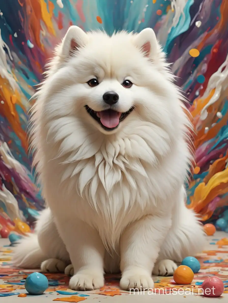 art movement focused on emotional impact through free-flowing shapes and colors, often without depicting real objects, with tiny happy Samoyed dog sitting on the foreground	
