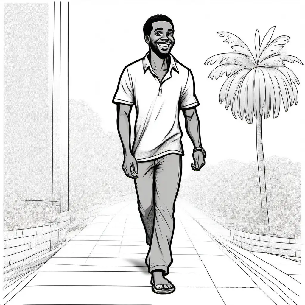 coloring book illustration, full figure 30 year old african brown man character, walking, wearing a grey shirt, side view, waving and smiling, wearing palm slippers, outline, sketch,