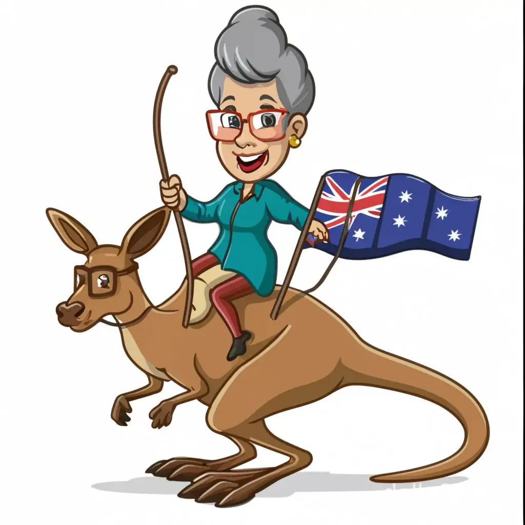 cartoon old lady with glasses riding a kangaroo with an australian flag, make it very australian themed