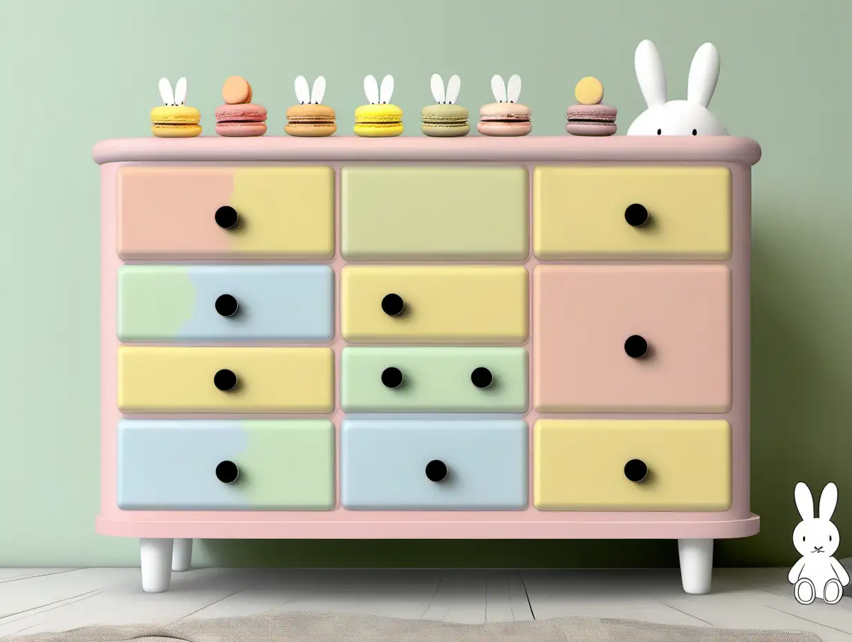 生成一个马卡龙配色的儿童衣柜和一个马卡龙配色的儿童五斗橱柜子。用米菲兔和它的小伙伴来装饰衣柜和五斗橱