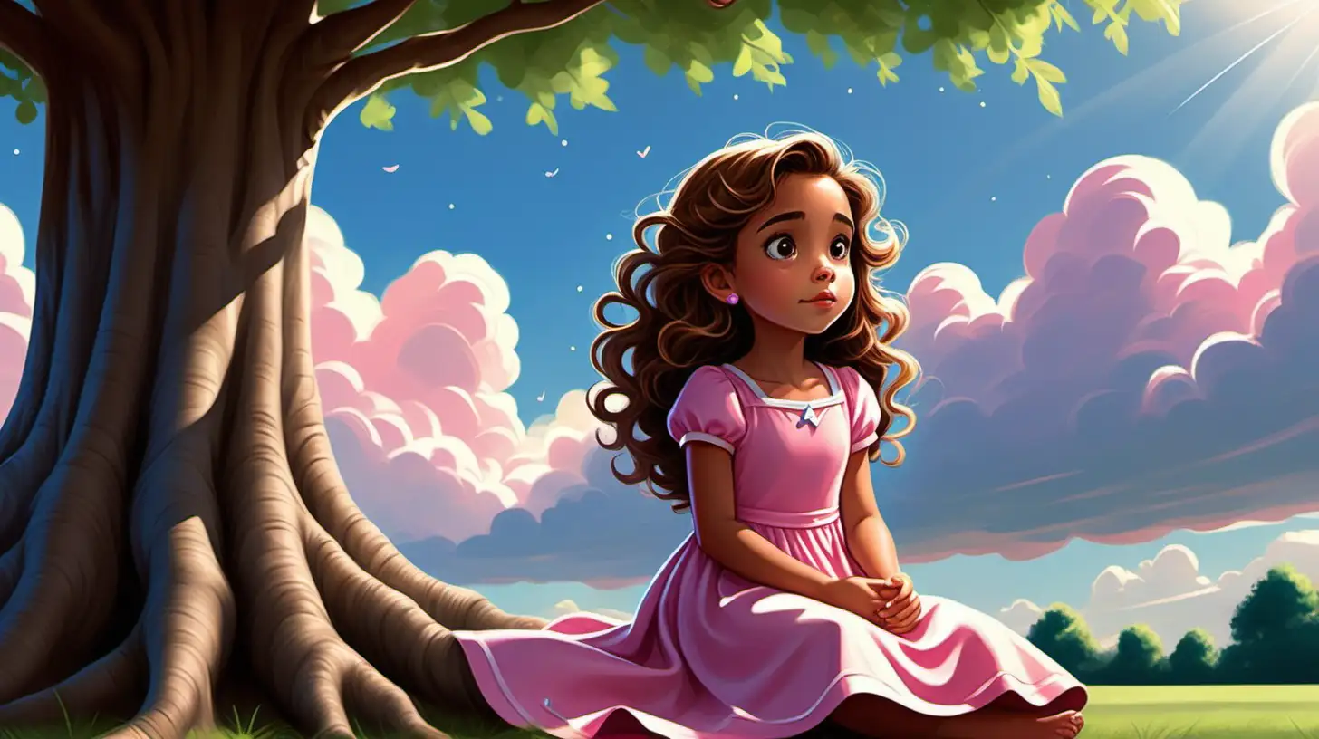 Adorable 7YearOld Girl in DisneyStyle Art Embracing Nature in a Pink Dress