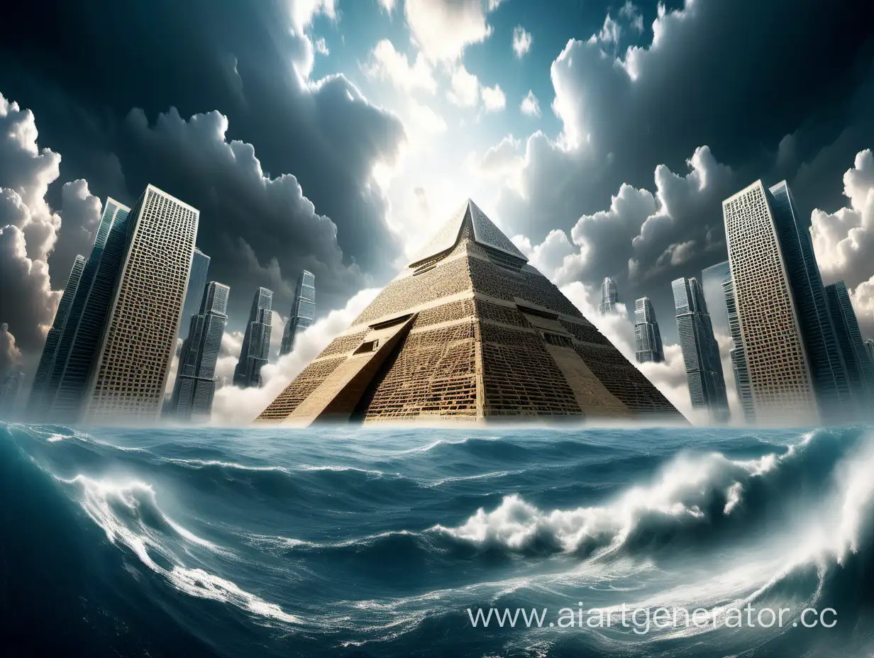 Endless-Skyscrapers-Surrounding-Pyramid-with-Ocean-and-Clouds