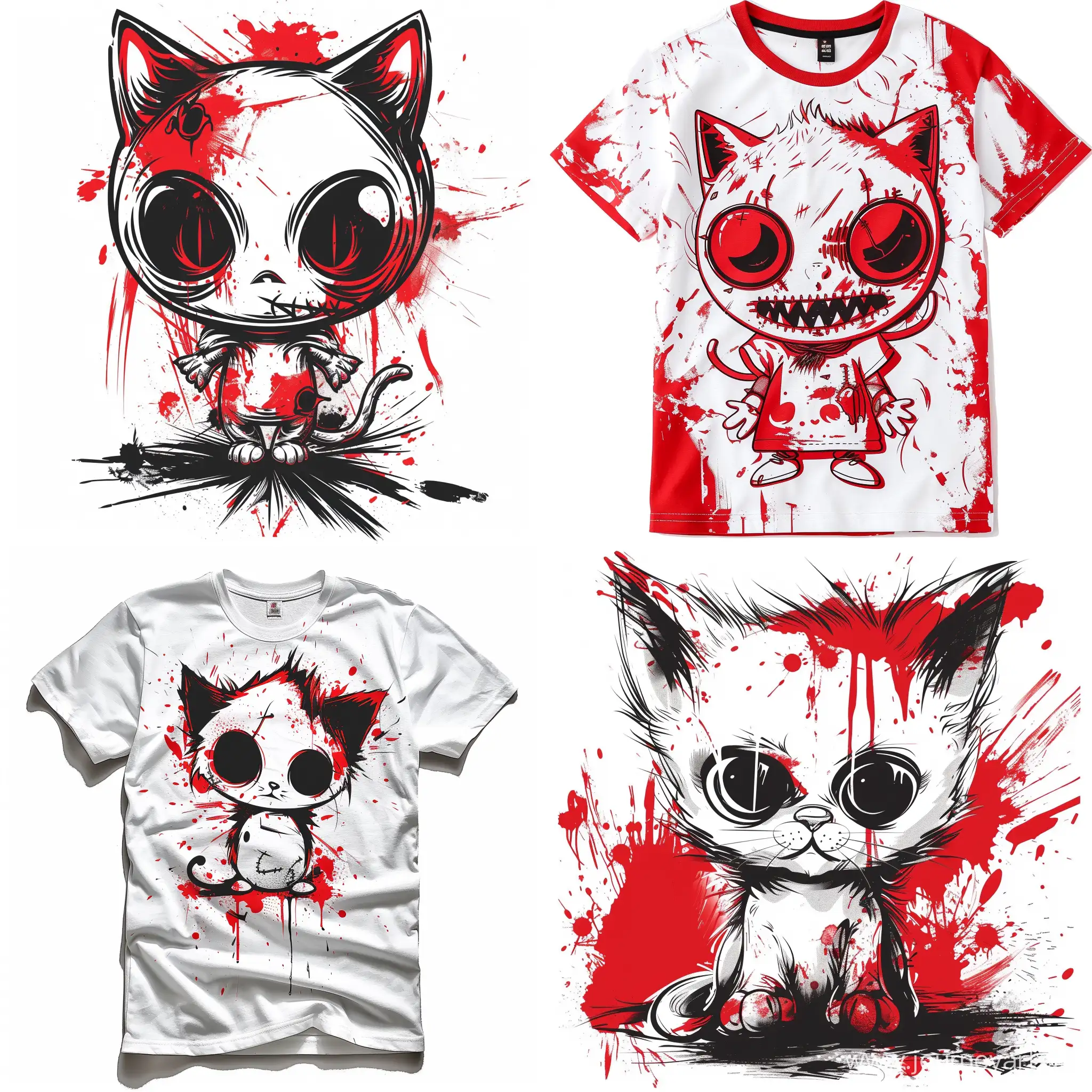 Punk design t-shirt with killer cat doll, cartoon, red and white tones, raw, drawing, white background.