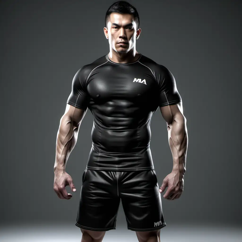 Produce a stunning and hyper-realistic 3D render of a set of extremely muscular and skintight solid black MMA training t-shirt and matching MMA shorts. The focus should be on showcasing the muscular definition and the tight fit of the apparel, emphasizing the high-performance nature of the clothing. The scene should be against a clean white background, ensuring there are no distractions from the main subject. Pay meticulous attention to the details of the fabric, highlighting the texture and how it conforms tightly to the muscular physique. Aim for a lifelike representation, capturing shadows, highlights, and folds in the clothing to enhance the realism. The goal is to convey the strength and athleticism of the apparel without any individuals wearing them, making it ideal for promotional use or product showcases.