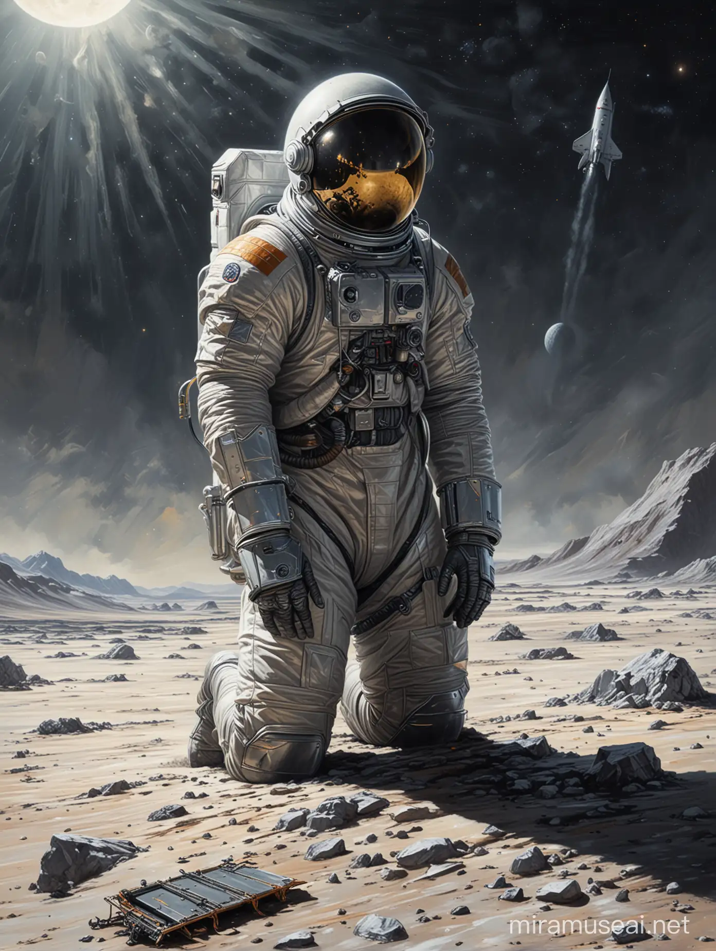 Highly detailed painting in the style of ((The Space Warriors by Eddie Jones)), a spaceman kneels on the lunar surface in front of a smooth shiny metal rocket, use muted colors only, high quality