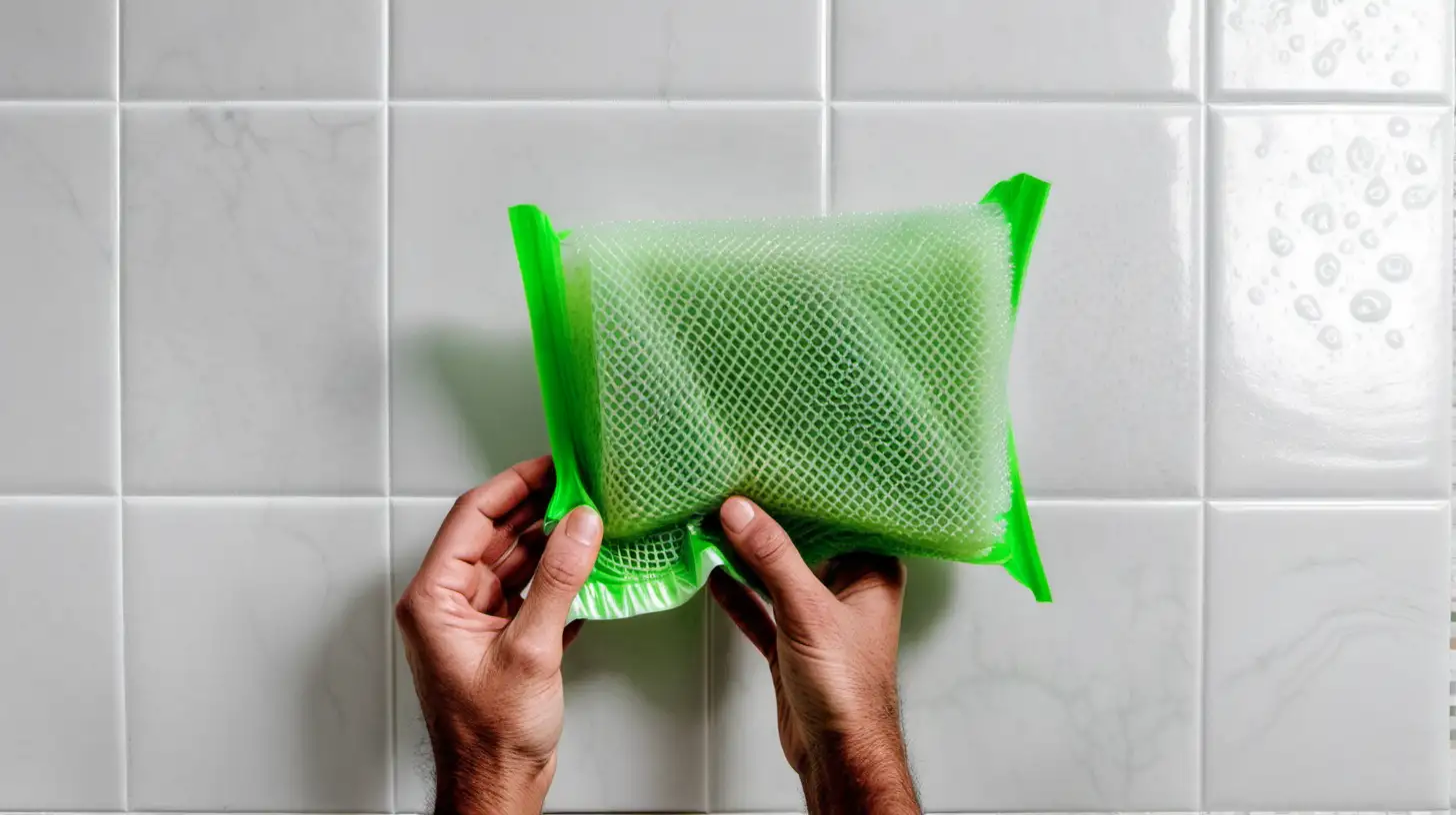 hand holding green fruit foam net wrapper on white tile floor. make the image lighter