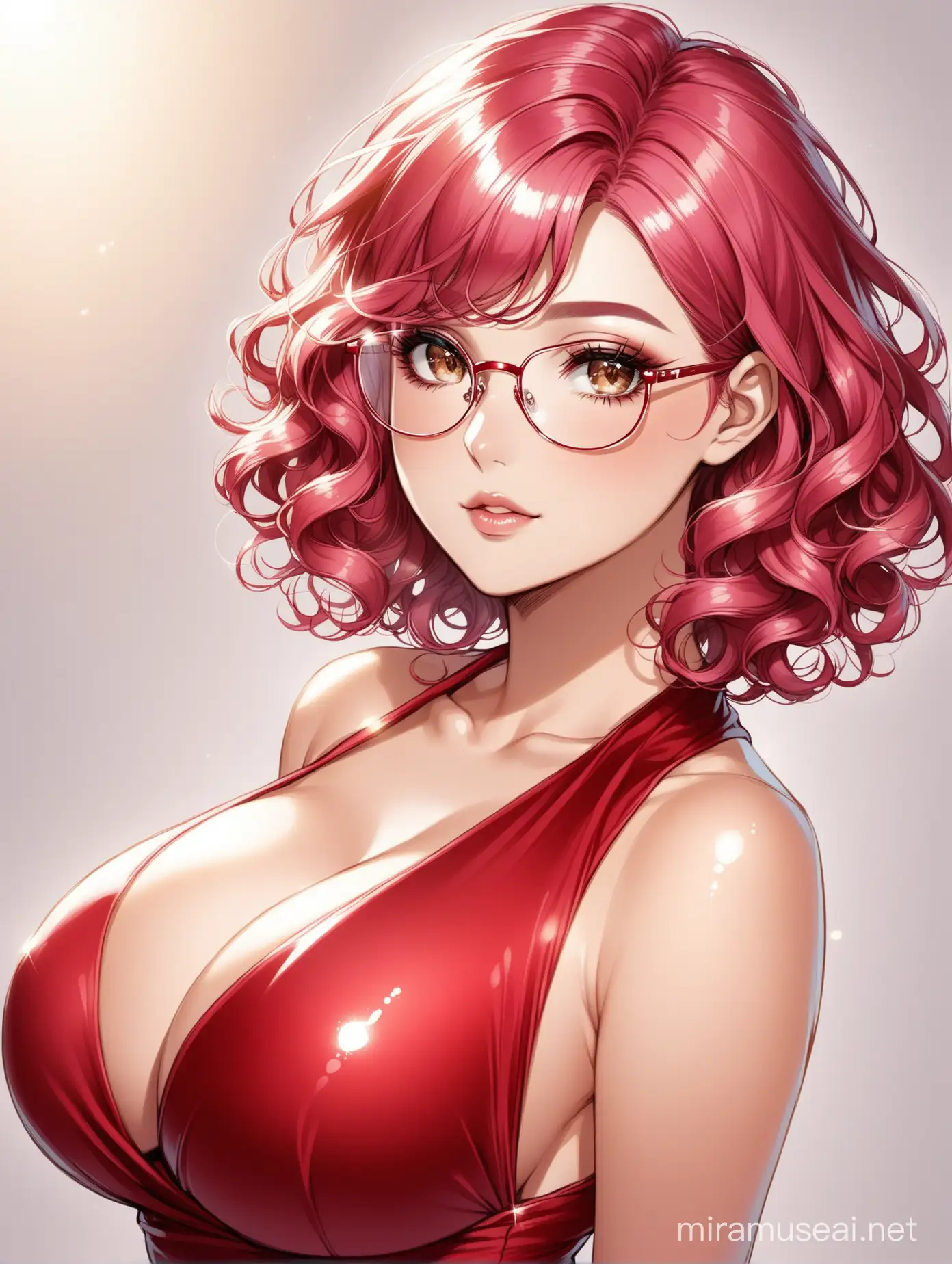 Stylish Woman with Curly Pink Hair and Red Dress