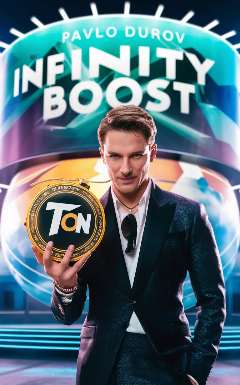 The film featuring Pavel Durov shows him holding the cryptocurrency "TON" against the backdrop of a billboard with the inscription "INFINITY BOOST", dressed stylishly.