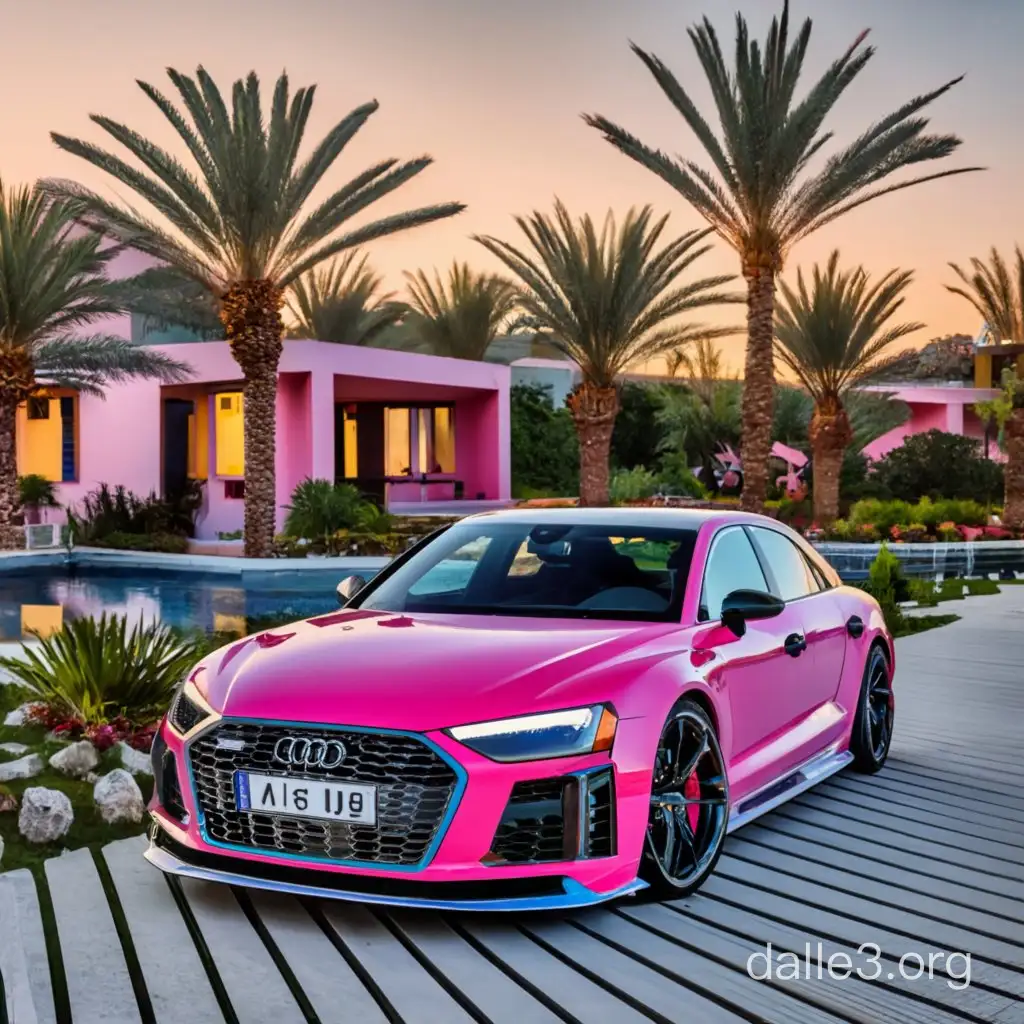 Audi rs8 pink mit fetten Reifen in led Beleuchtung im Hintergrund eine Pinke Villa mit Palmen um Pool