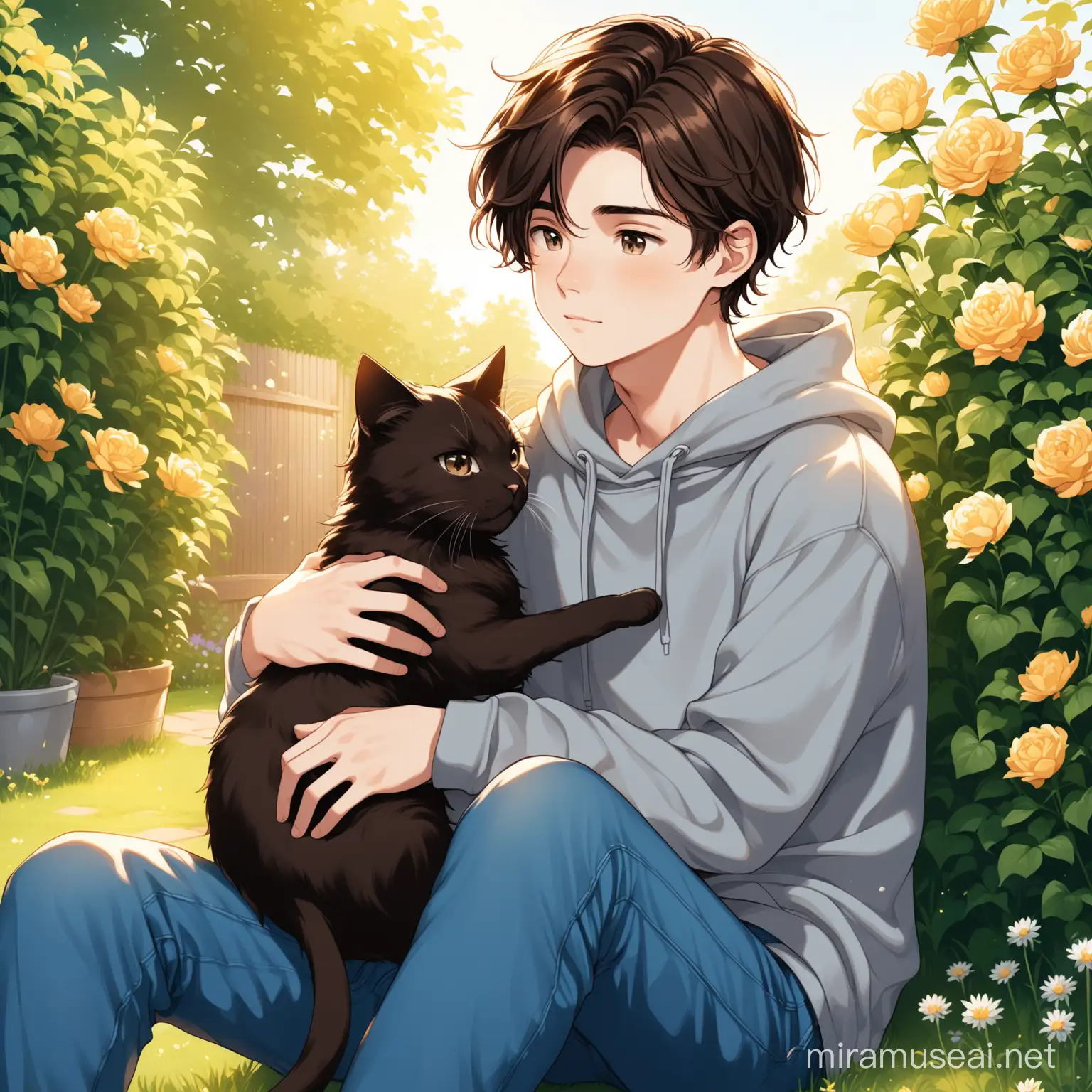digital art image of an 18-year-old English boy, he has dark brown hair, wearing grey sweatshirt, blue jeans, sitting down in garden, cuddling with a cat, in the afternoon