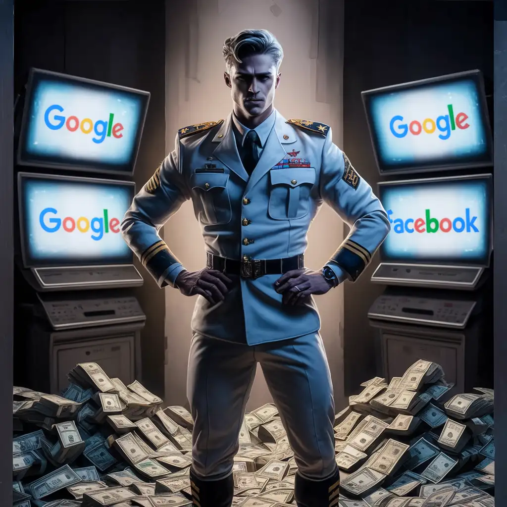 a general, rich, handsome, athletic, in a branded army uniform, general's shoulder straps on his shoulders, a lot of money around, monitors with graffiti and Google and Facebook logos