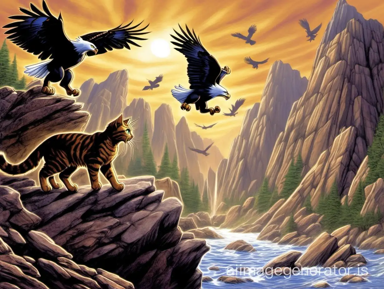 Cats in rocky terrain try to catch an eagle. They leap, claws outstretched, to prevent the prey from flying away. From the Warriors series by Erin Hunter, RiverClan.