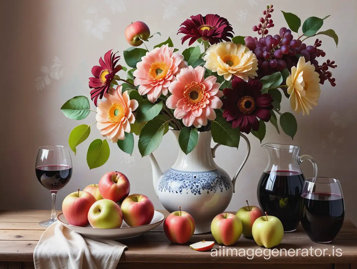 натюрморт с крупными цветами в красивой вазе, на столе фужер красного вина, яблоки и груши