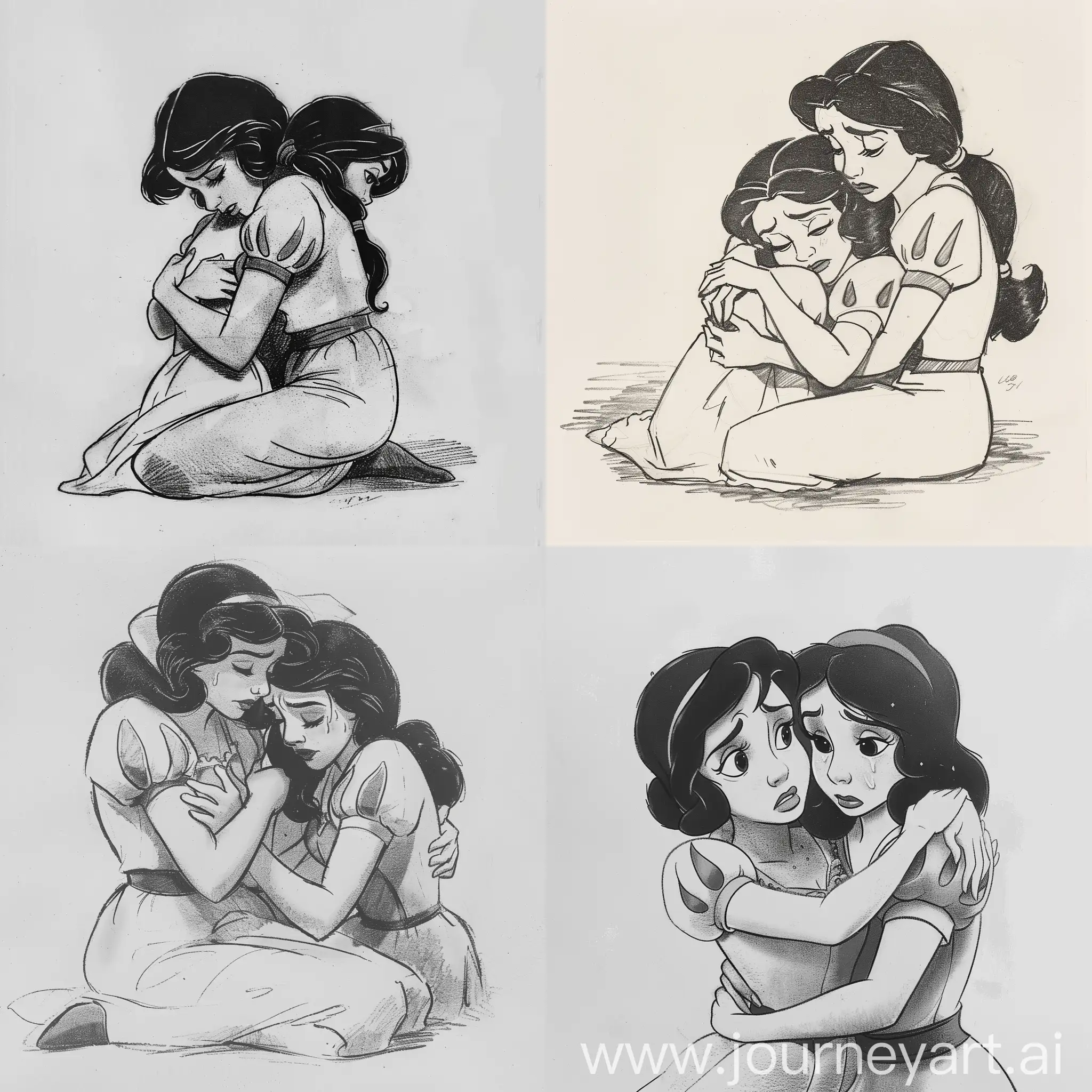 Lesbians sleeve short princess snow white crying drop hug sitting lying head against the chest Princess jasmine rip and Disney drawing 1937s side view not colore 