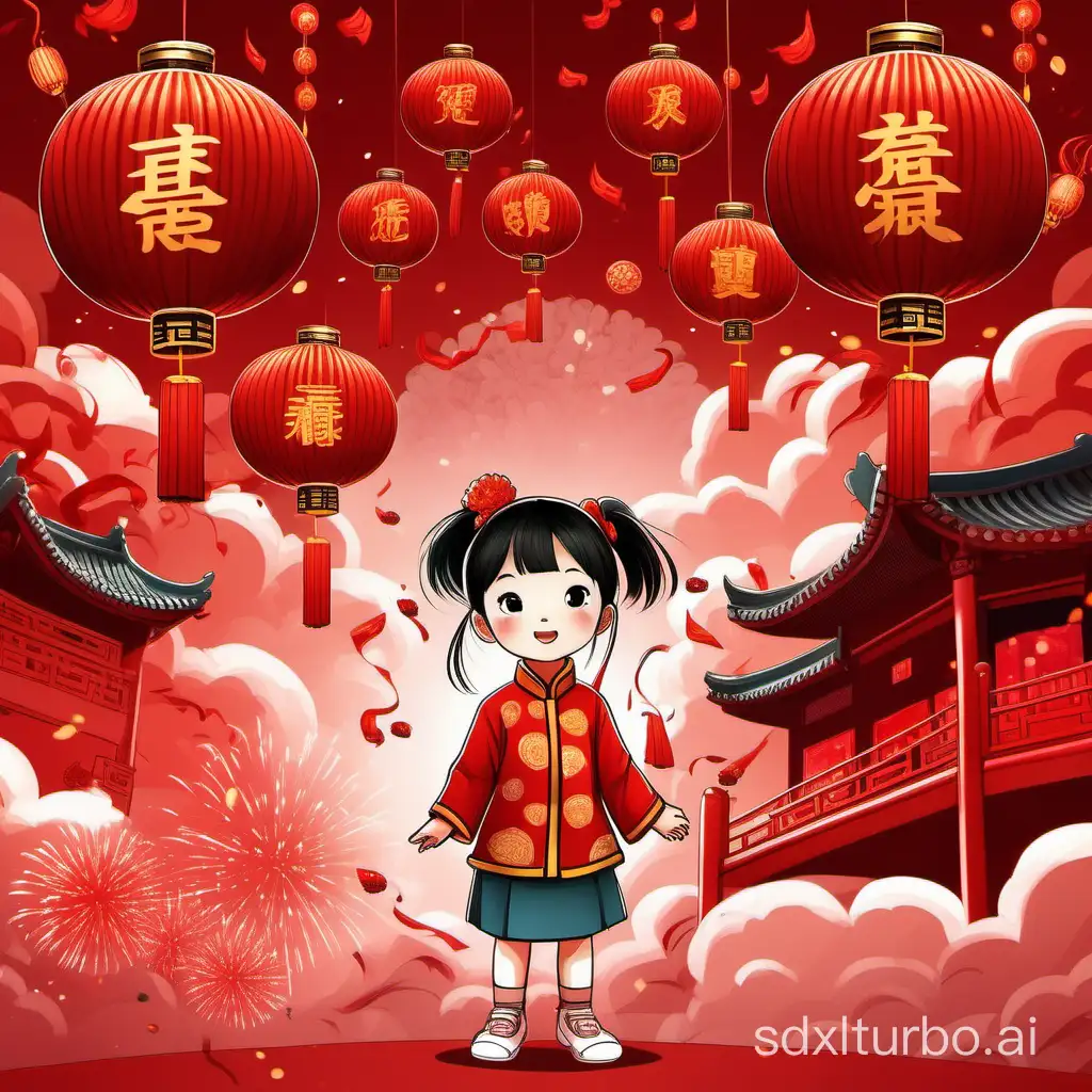 A cute little girl standing on a red background. Surrounded by auspicious cloud patterns, red lanterns hang high, and fireworks and firecrackers bloom. The entire scene is very festive and full of Chinese elements. The atmosphere of welcoming the New Year is strong, making people feel peaceful and joyful.