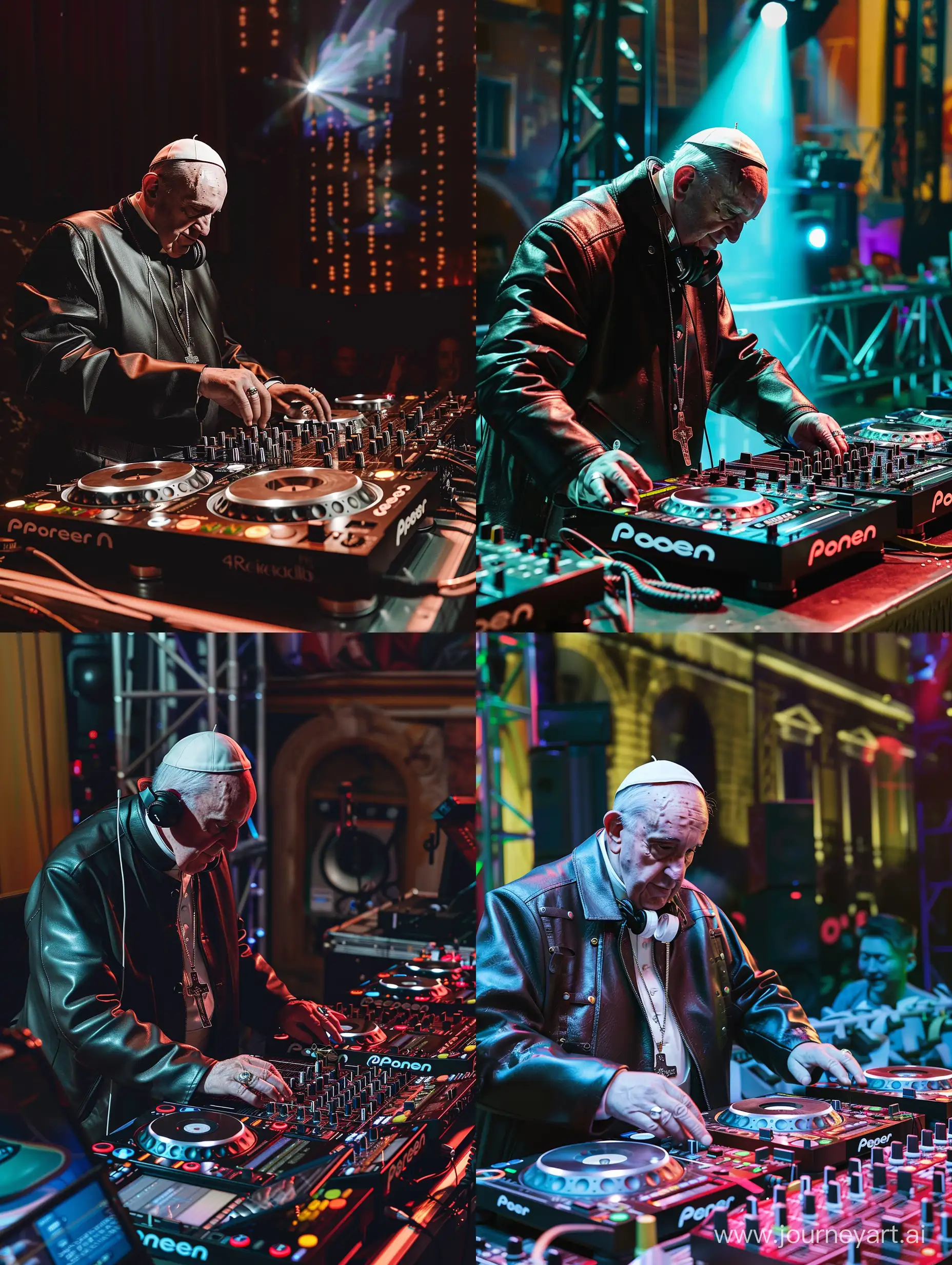 (Pope Francis) wearing leather jacket is a DJ in a nightclub, mixing live on stage, giant mixing table, 4k resolution, a masterpiece